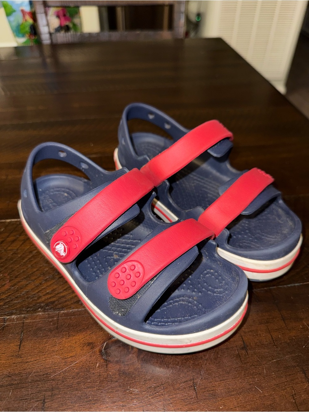 Crocs - 12- Kids Navy and Red Adjustable Strap Sandals